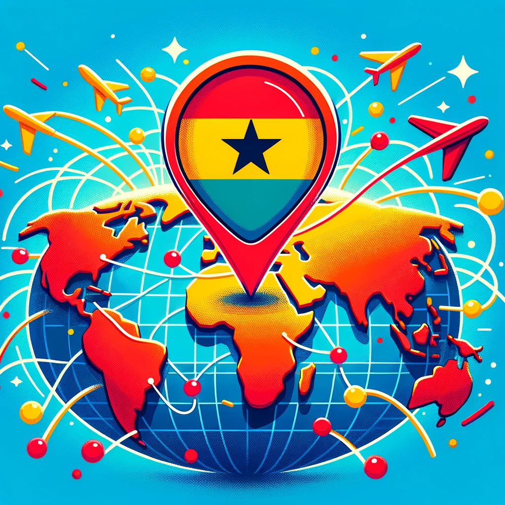 This colorful world map with Accra in the spotlight shows you don't need a GPS to navigate the +233 country code when you have KeKu.
