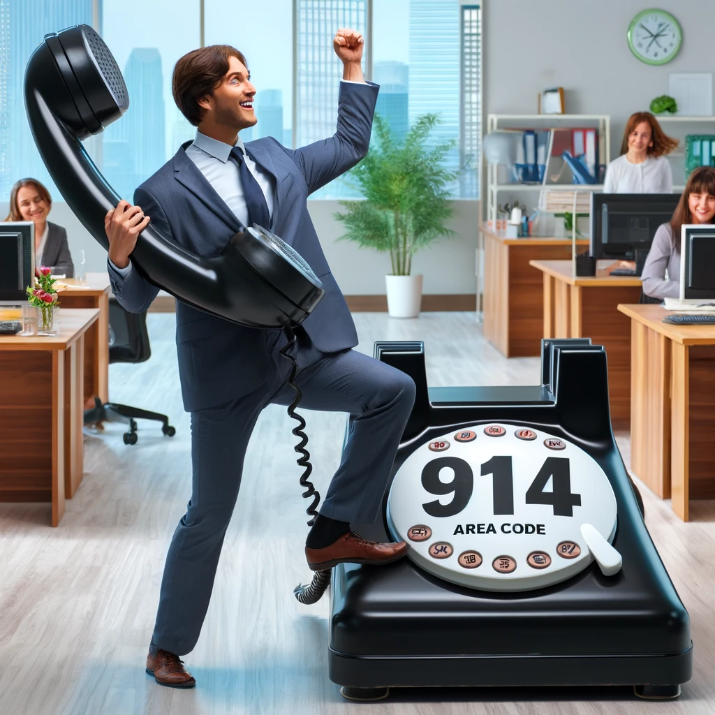 In this playful office scene, a business owner proudly wields a gigantic phone receiver, symbolizing the mighty power of a 914 area code in boosting local business connectivity.