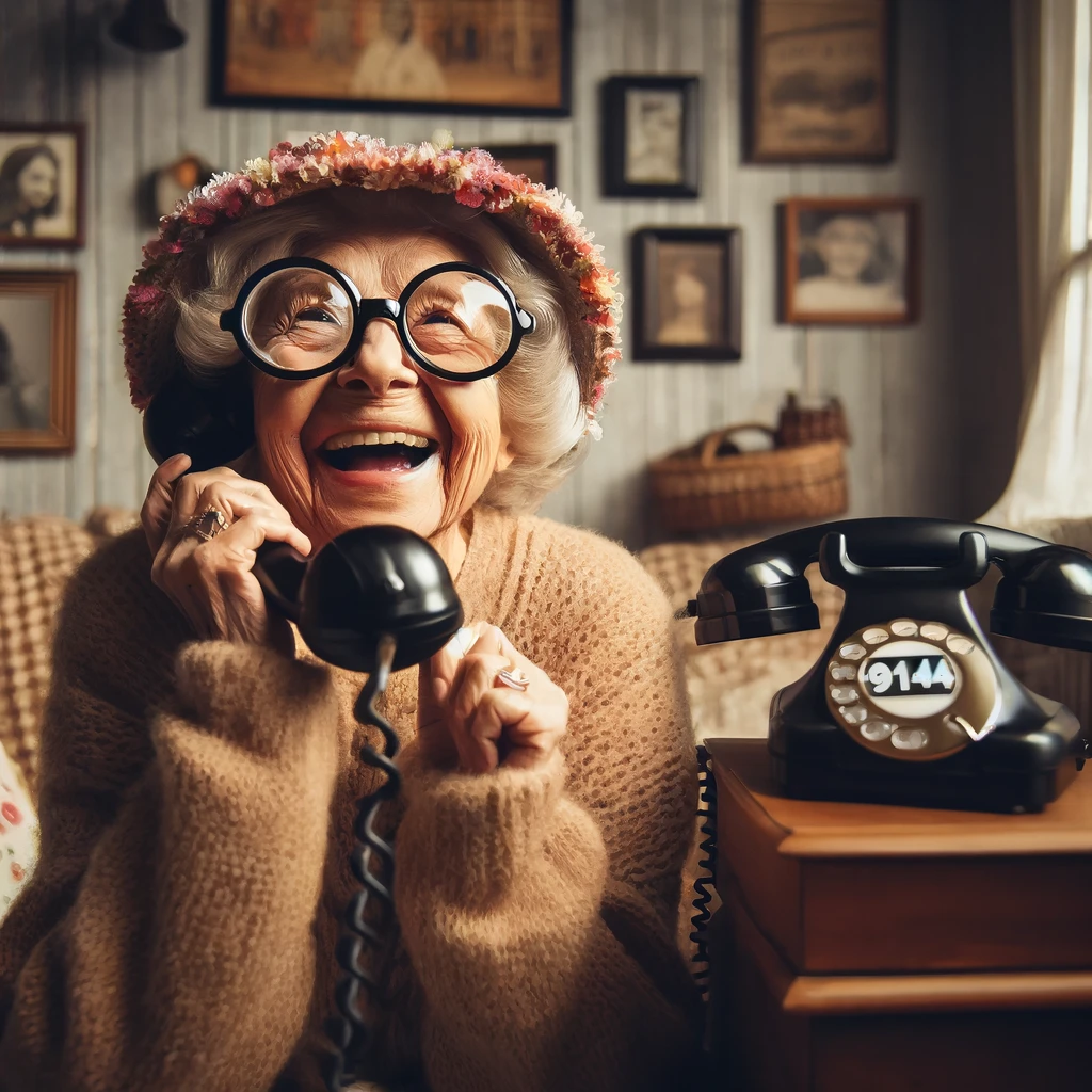 Here’s a heartwarming scene of an elderly woman enjoying a laugh on her vintage phone, sporting oversized glasses and a playful hat, all while staying connected through her beloved 914 area code.