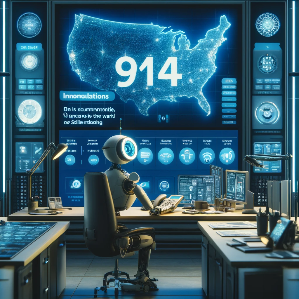 Dive into the future of the 914 area code with this high-tech office, where a humorous robot assistant is more than ready to handle your calls, showcasing KeKu's innovative approach to modern telecommunication.