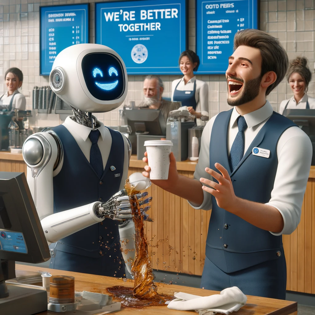 That awkward moment when a robot tries to share a coffee but reminds us all why we need humans in customer service automation too.