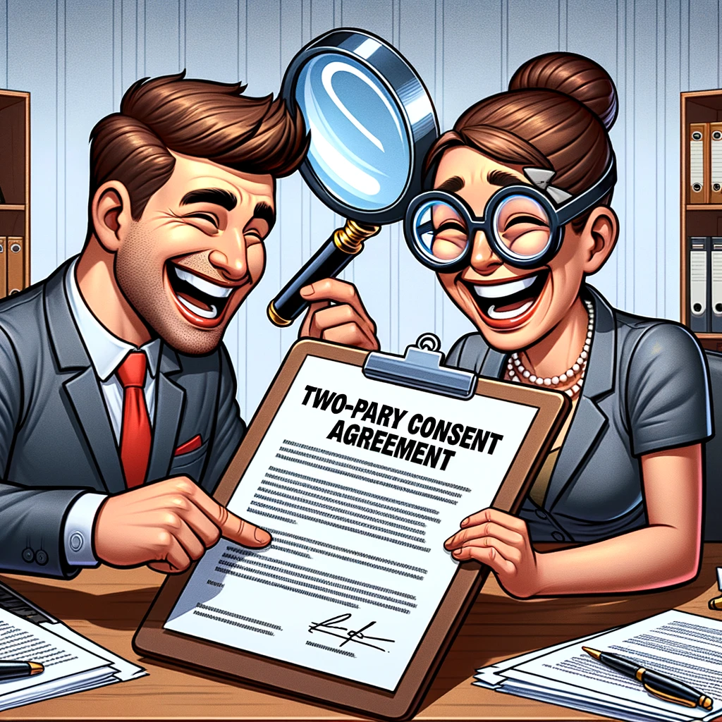 Peek over the shoulder of our cheerful employees, laughing as they magnify the fine print of the Two-Party Consent Agreement.