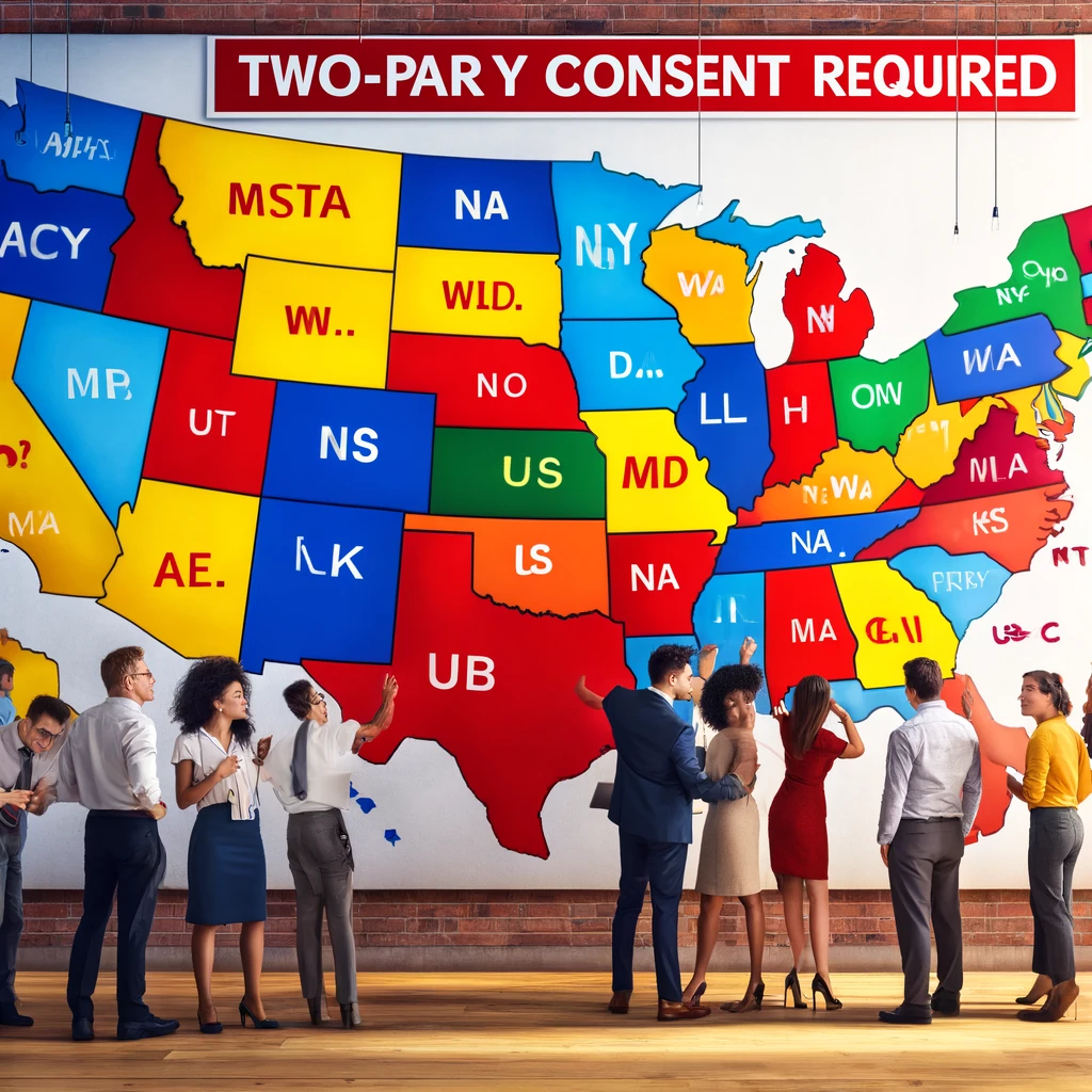 Join our office team as they point out, with varying degrees of surprise, the red-highlighted states on our very colorful, very compliant, two-party consent map.