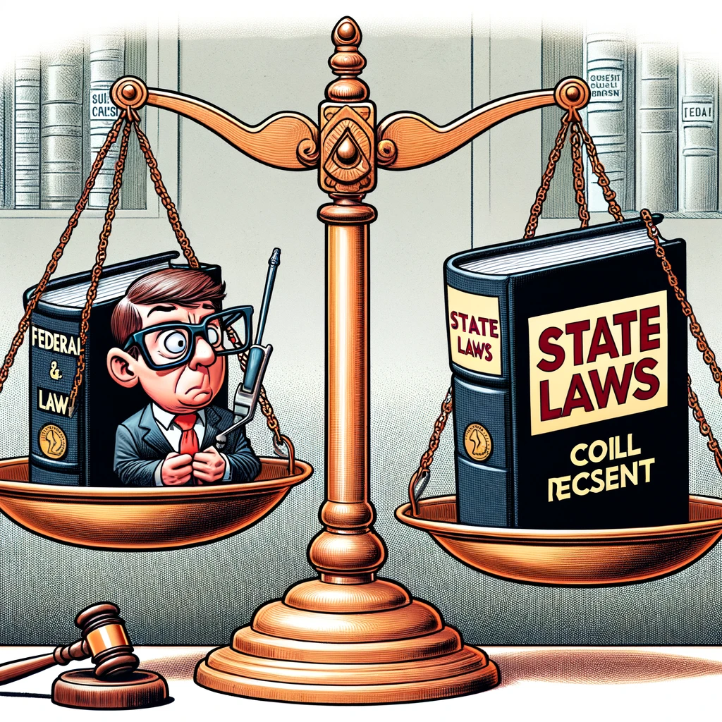 A whimsical courtroom balance tips humorously as the hefty 'State Laws' book outweighs the slim 'Federal Law', watched over by a baffled judge with cartoonishly large glasses.