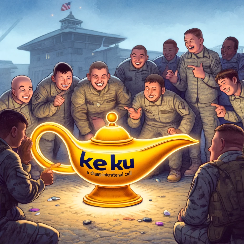 Soldiers huddle around a mystical KeKu lamp, their wishes for affordable calls hanging in the air, because when overseas, a magic genie might just be your best bet for a cheap dial.