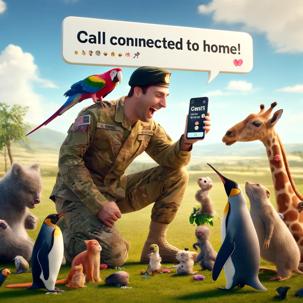 In an unexpected twist of fate, a soldier finds that the latest in communication tech brings not just family closer, but also an audience of curious animals, making every KeKu call a potential Disney movie scene.