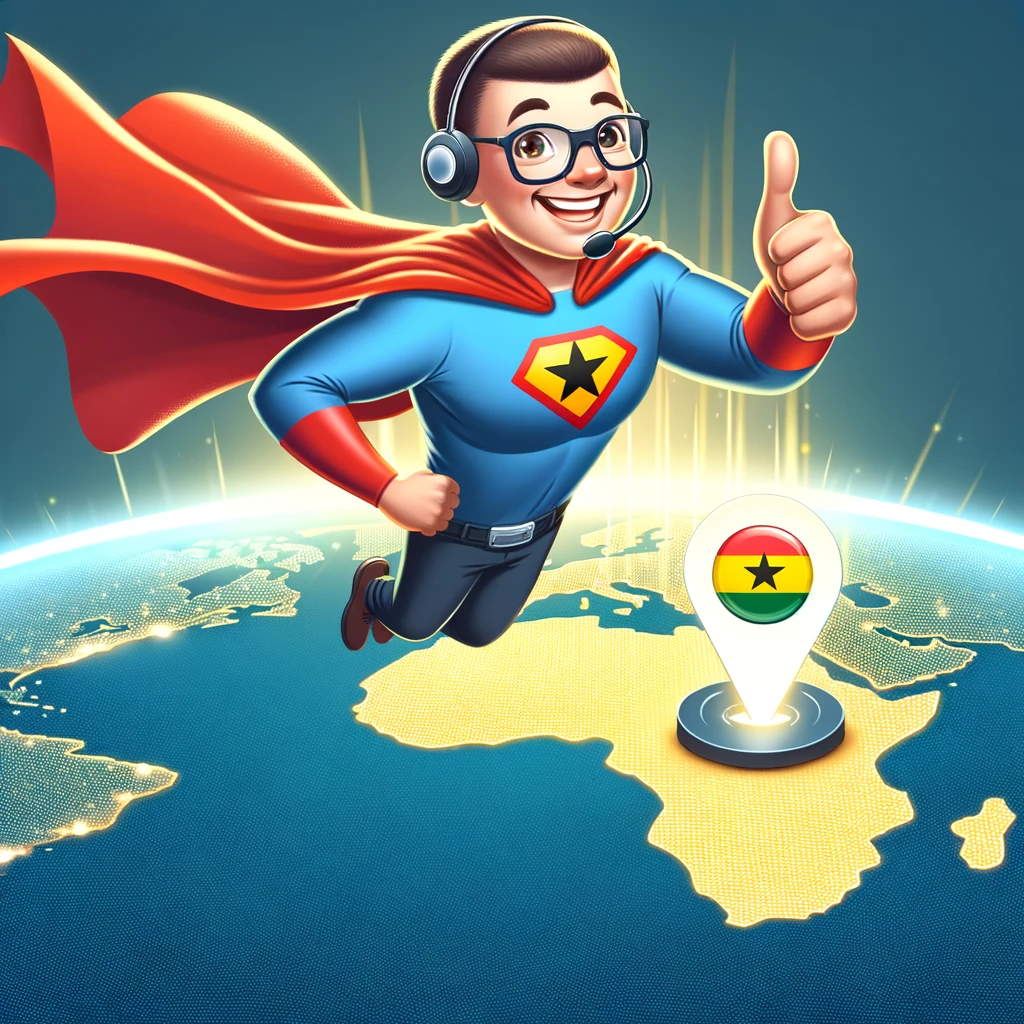 Flying high with exceptional customer service! Our superhero customer service rep soars over a digital globe, spotlighting Ghana and ensuring users always have a smooth experience with the 233 country code.