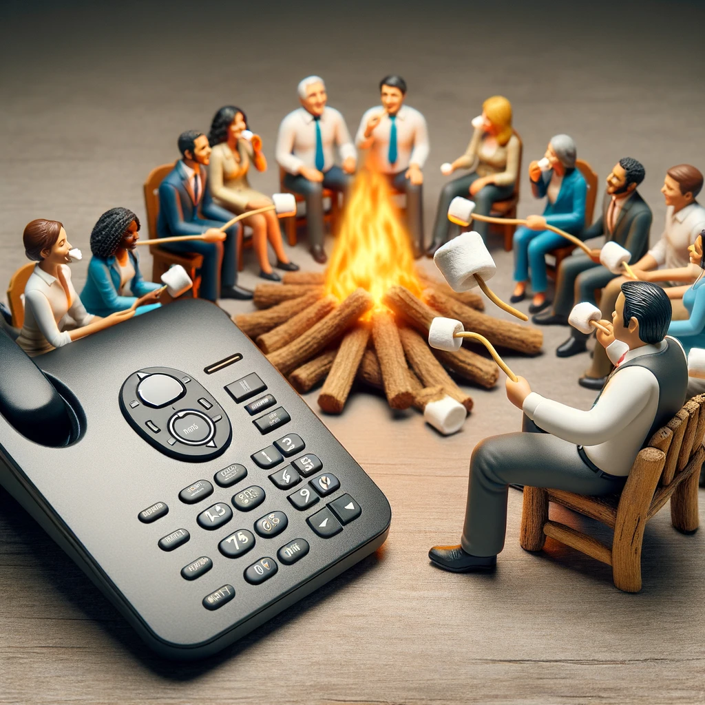 Gather round the campfire, where traditional desk phones are roasted over open flames, signaling small businesses' warm embrace of KeKu's modern VoIP solutions.