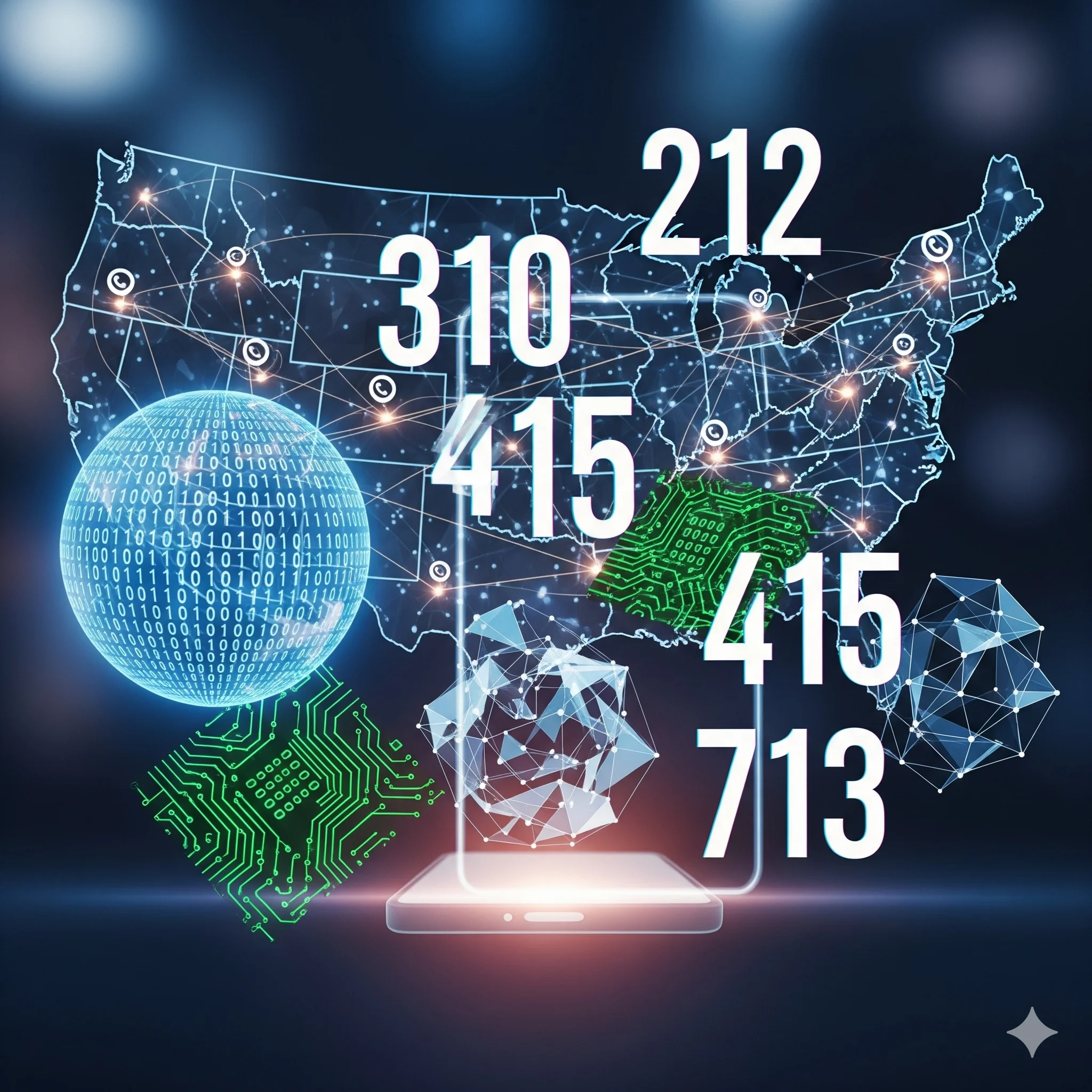 U.S. map showing prestigious area codes 212, 310, 415, and 713 with digital network connections