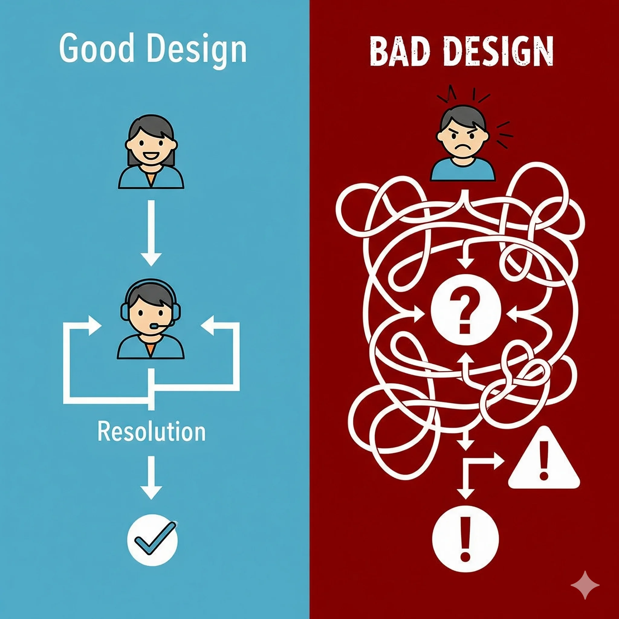 Call flow design patterns comparison - good logical flowchart vs bad tangled maze