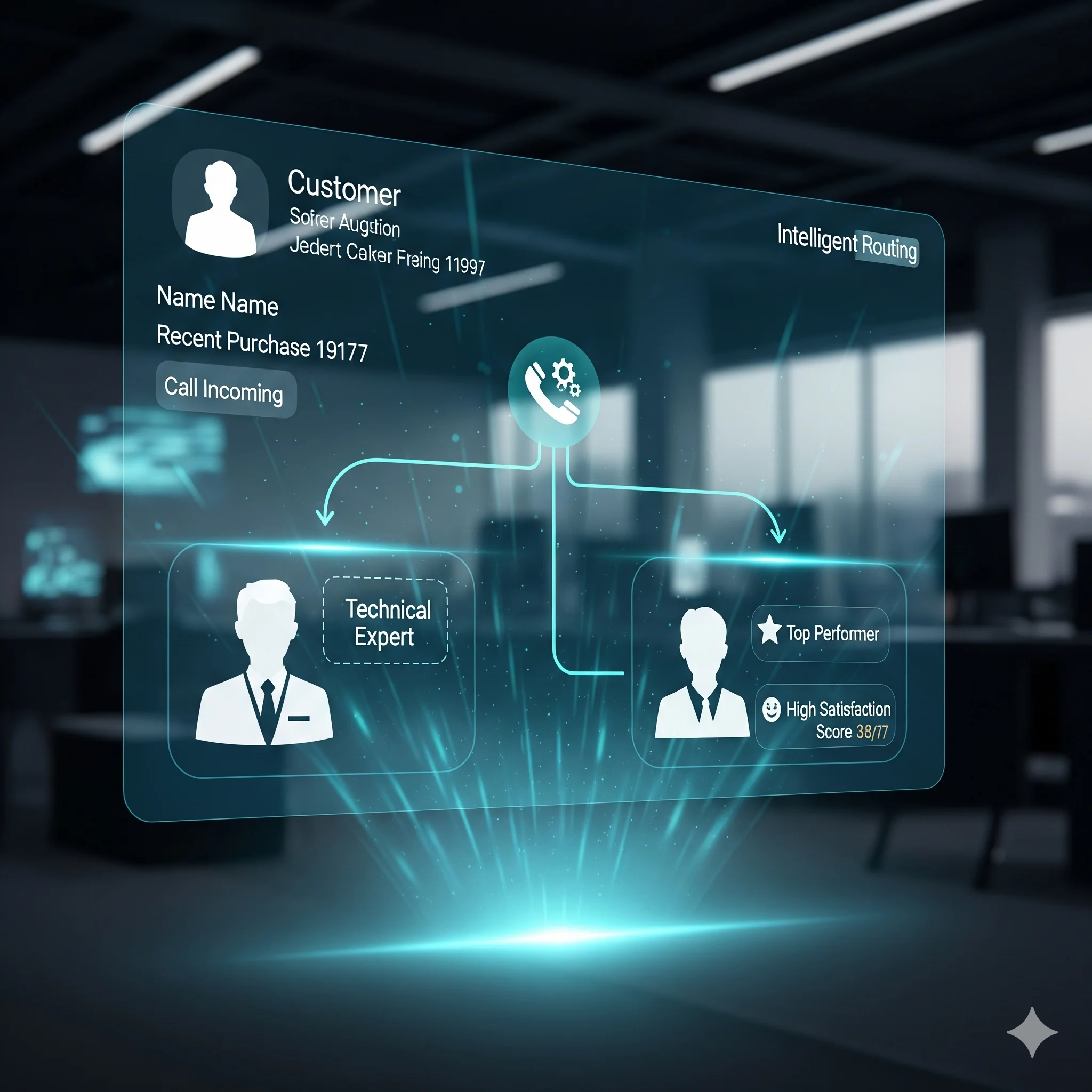 Intelligent call routing showing AI analyzing customer profile for skills-based and predictive matching