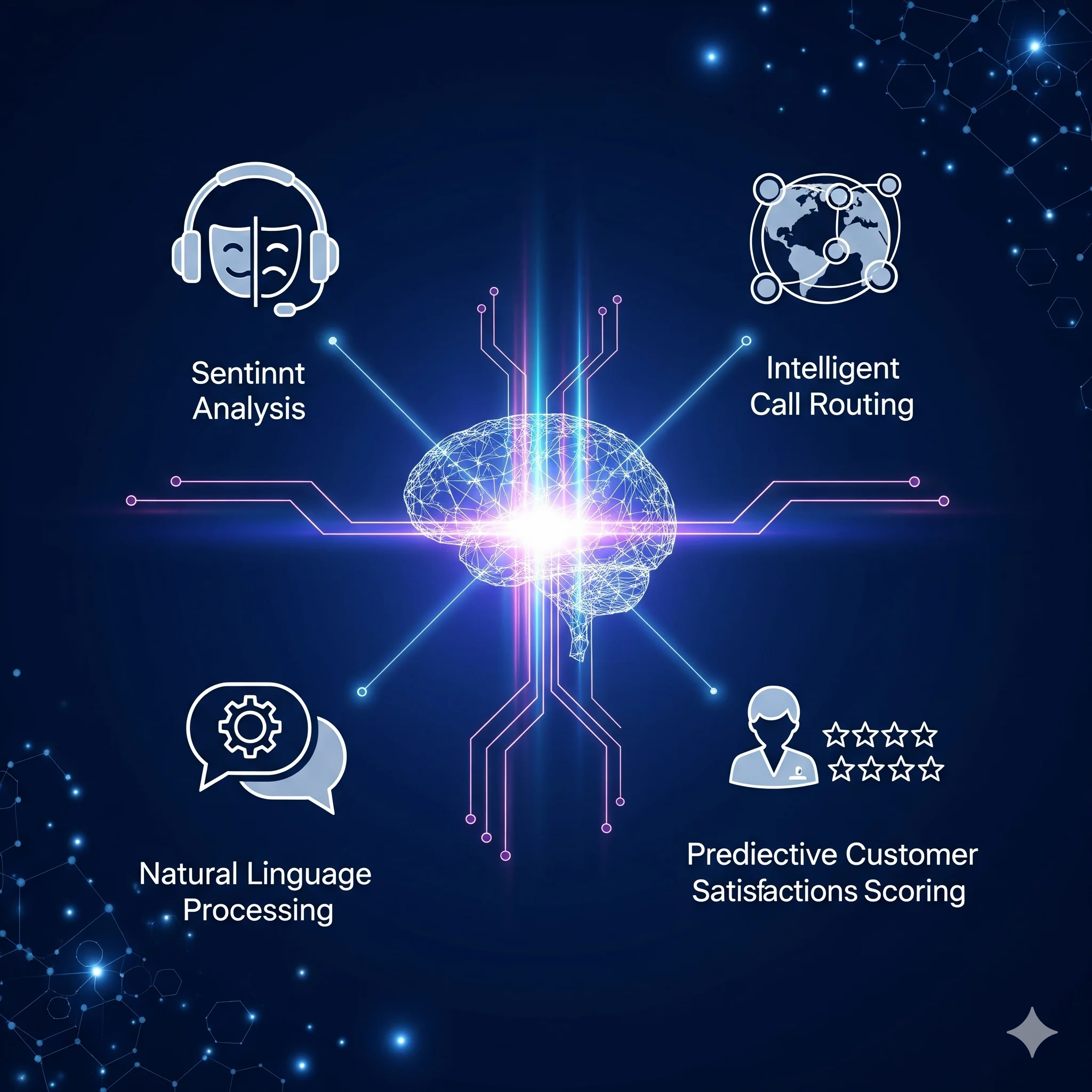 AI brain network representing machine learning applications in call center management