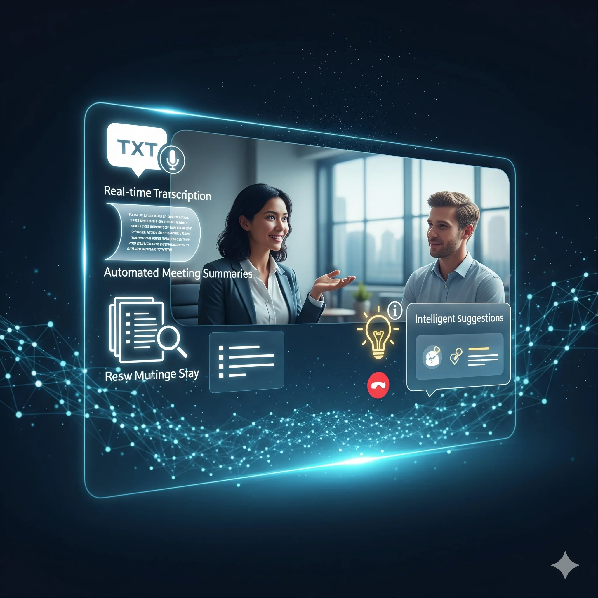 The AI-Enhanced Conversation - Futuristic video interface with AI overlays for transcription and summaries