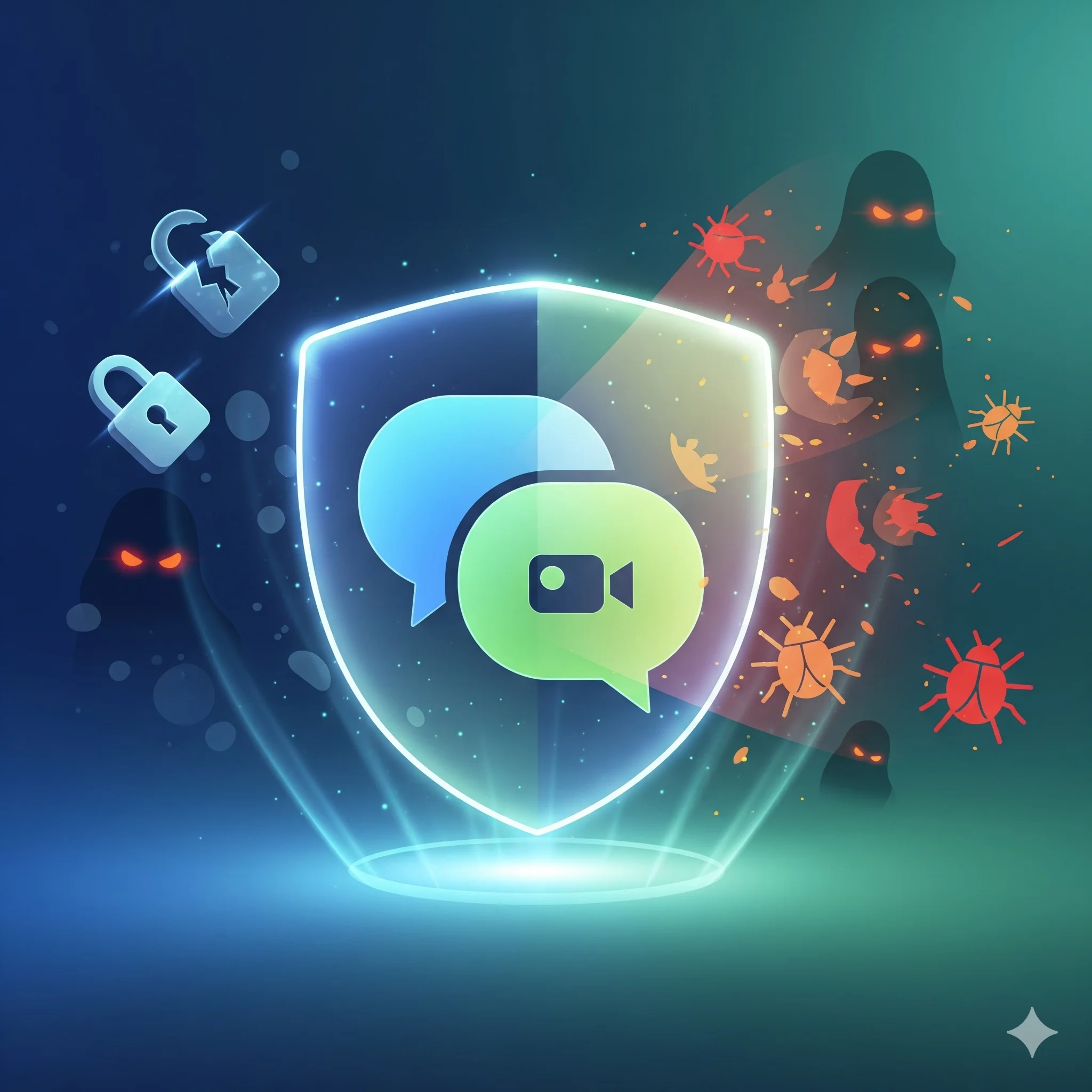 The Security Shield - Video call protected by glowing shield deflecting digital threats