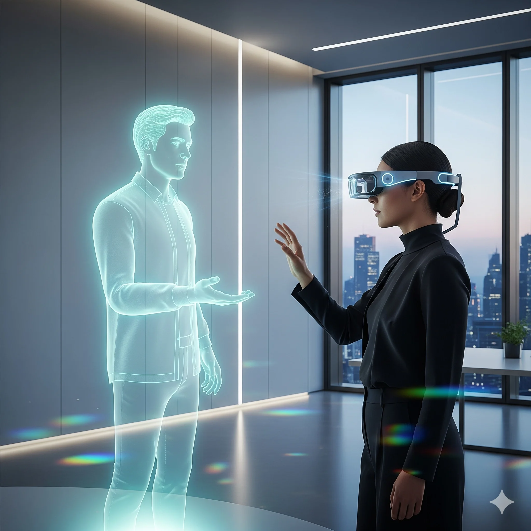 The Future of Presence - Person with AR glasses interacting with life-sized hologram in futuristic room