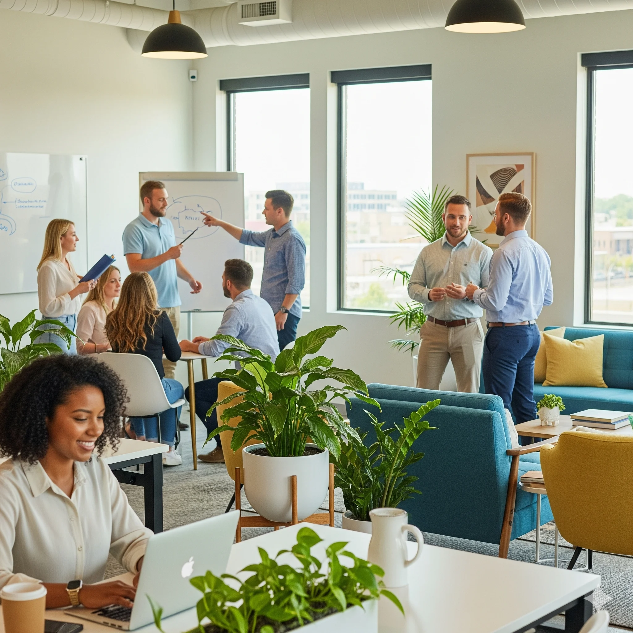 Modern coworking space in Joliet, Illinois with professionals collaborating in an open office environment